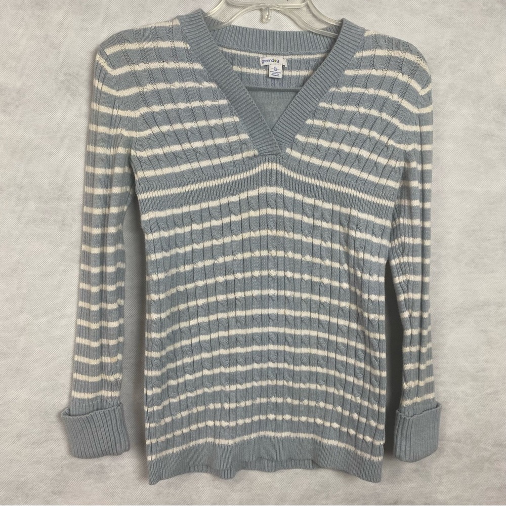 Vintage Greendog Sweater Girls XL Blue & White Ribbed Long Slv Cable Knit Flaw